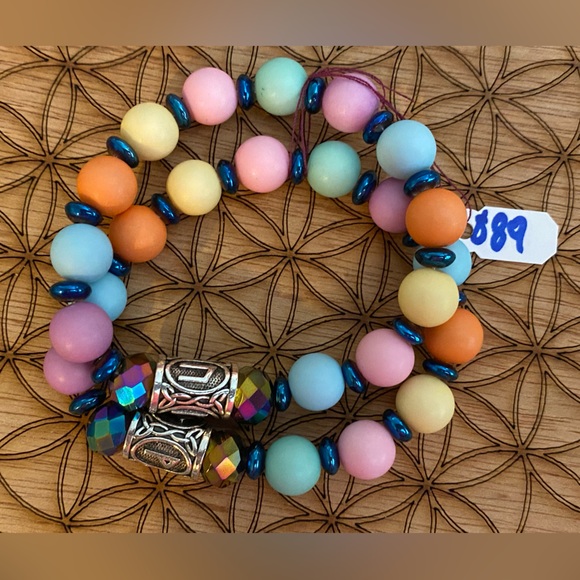 Handmade Ancient Runes, Rainbow Pastel Spheres, Positive Energy Bracelet Set - Picture 4 of 5